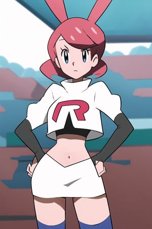 Team Rocket, cropped jacket, white jacket, crop top, jacket, gloves, black gloves, elbow gloves, navel, midriff, white skirt, miniskirt, skirt, thighhighs,looking down at viewer, (intricately detailed, hyperdetailed), blurry background,depth of field, best quality, masterpiece, intricate details, tonemapping, sharp focus, hyper detailed, trending on Artstation,1 girl, high res, official art,hands on hips,yancy