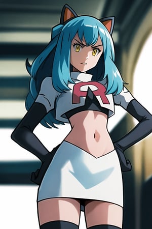 Team Rocket, cropped jacket, white jacket, crop top, jacket, gloves, black gloves, elbow gloves, navel, midriff, white skirt, miniskirt, skirt, black thighhighs, looking down at viewer,(intricately detailed, hyperdetailed), blurry background,depth of field, best quality, masterpiece, intricate details, tonemapping, sharp focus, hyper detailed, trending on Artstation,1 girl, high res, official art,hands on hips,glaring angrily,Tio Plato,yellow_eyes,long_hair,aqua_hair,fake_animal_ears 