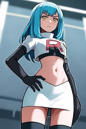 Team Rocket, cropped jacket, white jacket, crop top, jacket, gloves, black gloves, elbow gloves, navel, midriff, white skirt, miniskirt, skirt, black thighhighs, looking down at viewer,(intricately detailed, hyperdetailed), blurry background,depth of field, best quality, masterpiece, intricate details, tonemapping, sharp focus, hyper detailed, trending on Artstation,1 girl, high res, official art,hands on hips,glaring angrily,Tio Plato,yellow_eyes,long_hair,aqua_hair