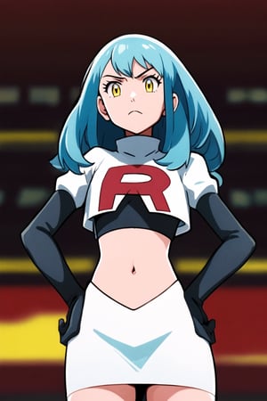 Team Rocket, cropped jacket, white jacket, crop top, jacket, gloves, black gloves, elbow gloves, navel, midriff, white skirt, miniskirt, skirt, black thighhighs, looking down at viewer,(intricately detailed, hyperdetailed), blurry background,depth of field, best quality, masterpiece, intricate details, tonemapping, sharp focus, hyper detailed, trending on Artstation,1 girl, high res, official art,hands on hips,glaring angrily,Tio Plato,yellow_eyes,long_hair,aqua_hair