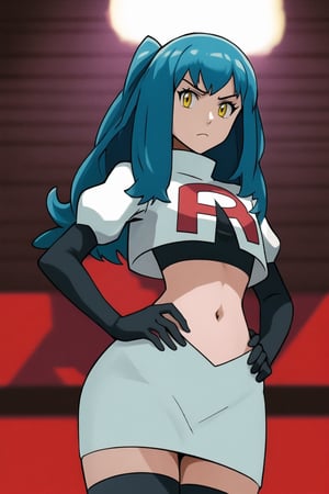 Team Rocket, cropped jacket, white jacket, crop top, jacket, gloves, black gloves, elbow gloves, navel, midriff, white skirt, miniskirt, skirt, black thighhighs, looking down at viewer,(intricately detailed, hyperdetailed), blurry background,depth of field, best quality, masterpiece, intricate details, tonemapping, sharp focus, hyper detailed, trending on Artstation,1 girl, high res, official art,hands on hips,glaring angrily,Tio Plato,yellow_eyes,long_hair,aqua_hair