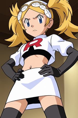 Team Rocket, cropped jacket, white jacket, crop top, jacket, gloves, black gloves, elbow gloves, navel, midriff, white skirt, miniskirt, skirt, black thighhighs,zettai ryouiki,looking down at viewer,(intricately detailed, hyperdetailed), blurry background,depth of field, best quality, masterpiece, intricate details, tonemapping, sharp focus, hyper detailed, trending on Artstation,1 girl, high res, official art,hands on hips,glaring angrily,spread legs,black panties,POKEMONSTYLE,POKEMON \(ANIME\),POKEMON \(CLASSIC ANIME\,POKEMON \(CLASSIC ANIME\),source_anime, anime screencap,viewed_from_below,DEFLISSA, BLONDE HAIR, TWINTAILS,HEADDRESS