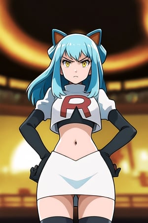 Team Rocket, cropped jacket, white jacket, crop top, jacket, gloves, black gloves, elbow gloves, navel, midriff, white skirt, miniskirt, skirt, black thighhighs, looking down at viewer,(intricately detailed, hyperdetailed), blurry background,depth of field, best quality, masterpiece, intricate details, tonemapping, sharp focus, hyper detailed, trending on Artstation,1 girl, high res, official art,hands on hips,glaring angrily,Tio Plato,yellow_eyes,long_hair,aqua_hair,fake_animal_ears 