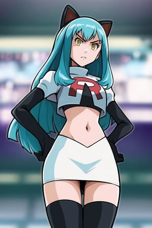 Team Rocket, cropped jacket, white jacket, crop top, jacket, gloves, black gloves, elbow gloves, navel, midriff, white skirt, miniskirt, skirt, black thighhighs, looking down at viewer,(intricately detailed, hyperdetailed), blurry background,depth of field, best quality, masterpiece, intricate details, tonemapping, sharp focus, hyper detailed, trending on Artstation,1 girl, high res, official art,hands on hips,glaring angrily,Tio Plato,yellow_eyes,long_hair,aqua_hair,fake_animal_ears 