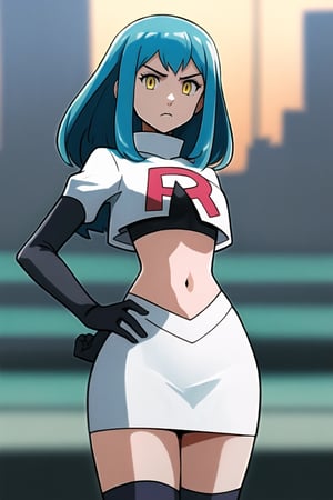 Team Rocket, cropped jacket, white jacket, crop top, jacket, gloves, black gloves, elbow gloves, navel, midriff, white skirt, miniskirt, skirt, black thighhighs, looking down at viewer,(intricately detailed, hyperdetailed), blurry background,depth of field, best quality, masterpiece, intricate details, tonemapping, sharp focus, hyper detailed, trending on Artstation,1 girl, high res, official art,hands on hips,glaring angrily,Tio Plato,yellow_eyes,long_hair,aqua_hair