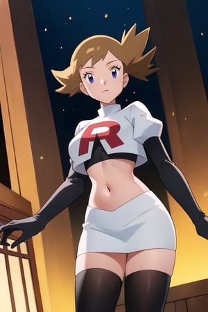 (best quality), (highly detailed), masterpiece, (official art), Team Rocket, cropped jacket, white jacket, crop top, jacket, gloves, black gloves, elbow gloves, navel, midriff, white skirt, miniskirt, skirt, black thighhighs,, looking at viewer, china, asiática, city, night, sky, (intricately detailed, hyperdetailed), blurry background,depth of field, best quality, masterpiece, intricate details, tonemapping, sharp focus, hyper detailed, trending on Artstation,1 girl, high res, official art, Molly Hale