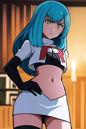 Team Rocket, cropped jacket, white jacket, crop top, jacket, gloves, black gloves, elbow gloves, navel, midriff, white skirt, miniskirt, skirt, black thighhighs, looking down at viewer,(intricately detailed, hyperdetailed), blurry background,depth of field, best quality, masterpiece, intricate details, tonemapping, sharp focus, hyper detailed, trending on Artstation,1 girl, high res, official art,hands on hips,glaring angrily,Tio Plato,yellow_eyes,long_hair,aqua_hair