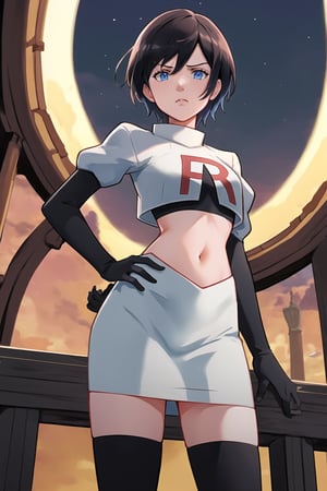 Team Rocket, cropped jacket, white jacket, crop top, jacket, gloves, black gloves, elbow gloves, navel, midriff, white skirt, miniskirt, skirt, black thighhighs,looking down at viewer, china, asiática, city, night, sky, (intricately detailed, hyperdetailed), blurry background,depth of field, best quality, masterpiece, intricate details, tonemapping, sharp focus, hyper detailed, trending on Artstation,1 girl, high res, official art,glaring angrily,hands on hips,aaxion