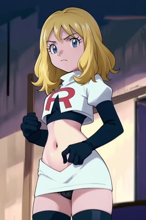 best quality, masterpiece,Team Rocket, cropped jacket, white jacket, crop top, jacket, gloves, black gloves, elbow gloves, navel, midriff, white skirt, miniskirt, skirt, black thighhighs, looking down at viewer,(intricately detailed, hyperdetailed), blurry background,depth of field, best quality, masterpiece, intricate details, tonemapping, sharp focus, hyper detailed, trending on Artstation,best quality, masterpiece,1 girl, high res, official art,hands on hps,glaring angrily,black panties,anime art style,L-WORD,sxhelen,blonde hair, medium hair, blue eyes