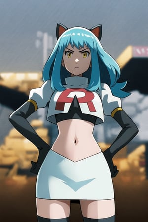 Team Rocket, cropped jacket, white jacket, crop top, jacket, gloves, black gloves, elbow gloves, navel, midriff, white skirt, miniskirt, skirt, black thighhighs, looking down at viewer,(intricately detailed, hyperdetailed), blurry background,depth of field, best quality, masterpiece, intricate details, tonemapping, sharp focus, hyper detailed, trending on Artstation,1 girl, high res, official art,hands on hips,glaring angrily,Tio Plato,yellow_eyes,long_hair,aqua_hair,fake_animal_ears 