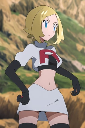 Team Rocket, cropped jacket, white jacket, crop top, jacket, gloves, black gloves, elbow gloves, navel, midriff, white skirt, miniskirt, skirt, thighhighs,looking down at viewer, (intricately detailed, hyperdetailed), blurry background,depth of field, best quality, masterpiece, intricate details, tonemapping, sharp focus, hyper detailed, trending on Artstation,1 girl, high res, official art,hands on hips,aairida
