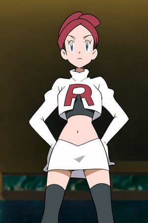 Team Rocket, cropped jacket, white jacket, crop top, jacket, gloves, black gloves, elbow gloves, navel, midriff, white skirt, miniskirt, skirt, thighhighs,looking down at viewer, (intricately detailed, hyperdetailed), blurry background,depth of field, best quality, masterpiece, intricate details, tonemapping, sharp focus, hyper detailed, trending on Artstation,1 girl, high res, official art,hands on hips,penelope