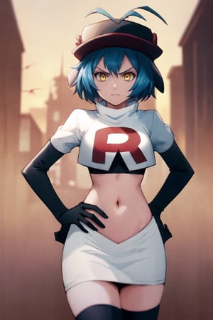 Team Rocket, cropped jacket, white jacket, crop top, jacket, gloves, black gloves, elbow gloves, navel, midriff, white skirt, miniskirt, skirt, black thighhighs, looking down at viewer,(intricately detailed, hyperdetailed), blurry background,depth of field, best quality, masterpiece, intricate details, tonemapping, sharp focus, hyper detailed, trending on Artstation,1 girl, high res, official art,hands on hips,glaring angrily,Millium Orion, blue hair, short hair, antenna hair, ahoge, yellow eyes,black hat, headwear