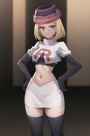 Team Rocket, cropped jacket, white jacket, crop top, jacket, gloves, black gloves, elbow gloves, navel, midriff, white skirt, miniskirt, skirt, black thighhighs, looking down at viewer,(intricately detailed, hyperdetailed), blurry background,depth of field, best quality, masterpiece, intricate details, tonemapping, sharp focus, hyper detailed, trending on Artstation,1 girl, high res, official art,hands on hips,glaring angrily,Theresia Caroline,short hair,blonde hair,blue eyes,garrison_cap