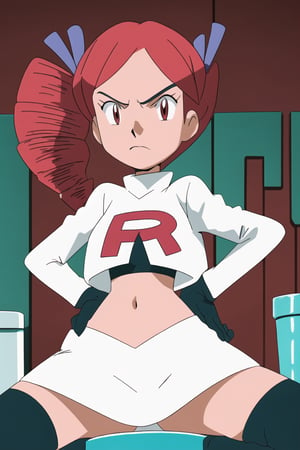 Team Rocket, cropped jacket, white jacket, crop top, jacket, gloves, black gloves, elbow gloves, navel, midriff, white skirt, miniskirt, skirt, 
black thighhighs,looking down at viewer, (intricately detailed, hyperdetailed), blurry background,depth of field, best quality, masterpiece, intricate details, tonemapping, sharp focus, hyper detailed, trending on Artstation,1 girl, high res, official art,hands on hips,glaring angrily,spread legs,black panites,sitting on toilet,URSULA_(POKEMON)