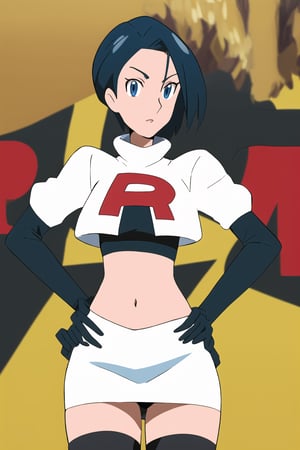 Team Rocket, cropped jacket, white jacket, crop top, jacket, gloves, black gloves, elbow gloves, navel, midriff, white skirt, miniskirt, skirt, thighhighs,looking down at viewer, (intricately detailed, hyperdetailed), blurry background,depth of field, best quality, masterpiece, intricate details, tonemapping, sharp focus, hyper detailed, trending on Artstation,1 girl, high res, official art,hands on hips,defShamir