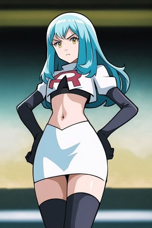 Team Rocket, cropped jacket, white jacket, crop top, jacket, gloves, black gloves, elbow gloves, navel, midriff, white skirt, miniskirt, skirt, black thighhighs, looking down at viewer,(intricately detailed, hyperdetailed), blurry background,depth of field, best quality, masterpiece, intricate details, tonemapping, sharp focus, hyper detailed, trending on Artstation,1 girl, high res, official art,hands on hips,glaring angrily,Tio Plato,yellow_eyes,long_hair,aqua_hair