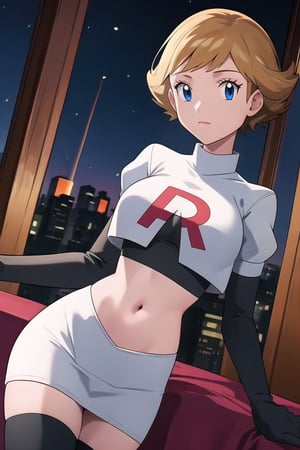(best quality), (highly detailed), masterpiece, (official art), Team Rocket, cropped jacket, white jacket, crop top, jacket, gloves, black gloves, elbow gloves, navel, midriff, white skirt, miniskirt, skirt, black thighhighs,, looking at viewer, china, asiática, city, night, sky, (intricately detailed, hyperdetailed), blurry background,depth of field, best quality, masterpiece, intricate details, tonemapping, sharp focus, hyper detailed, trending on Artstation,1 girl, high res, official art, Molly Hale