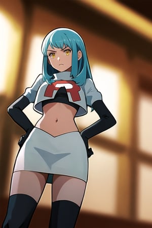 Team Rocket, cropped jacket, white jacket, crop top, jacket, gloves, black gloves, elbow gloves, navel, midriff, white skirt, miniskirt, skirt, black thighhighs, looking down at viewer,(intricately detailed, hyperdetailed), blurry background,depth of field, best quality, masterpiece, intricate details, tonemapping, sharp focus, hyper detailed, trending on Artstation,1 girl, high res, official art,hands on hips,glaring angrily,Tio Plato,yellow_eyes,long_hair,aqua_hair