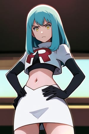 Team Rocket, cropped jacket, white jacket, crop top, jacket, gloves, black gloves, elbow gloves, navel, midriff, white skirt, miniskirt, skirt, black thighhighs, looking down at viewer,(intricately detailed, hyperdetailed), blurry background,depth of field, best quality, masterpiece, intricate details, tonemapping, sharp focus, hyper detailed, trending on Artstation,1 girl, high res, official art,hands on hips,glaring angrily,Tio Plato,yellow_eyes,long_hair,aqua_hair