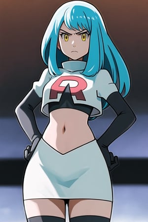 Team Rocket, cropped jacket, white jacket, crop top, jacket, gloves, black gloves, elbow gloves, navel, midriff, white skirt, miniskirt, skirt, black thighhighs, looking down at viewer,(intricately detailed, hyperdetailed), blurry background,depth of field, best quality, masterpiece, intricate details, tonemapping, sharp focus, hyper detailed, trending on Artstation,1 girl, high res, official art,hands on hips,glaring angrily,Tio Plato,yellow_eyes,long_hair,aqua_hair