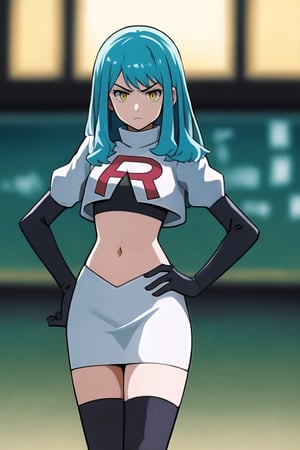 Team Rocket, cropped jacket, white jacket, crop top, jacket, gloves, black gloves, elbow gloves, navel, midriff, white skirt, miniskirt, skirt, black thighhighs, looking down at viewer,(intricately detailed, hyperdetailed), blurry background,depth of field, best quality, masterpiece, intricate details, tonemapping, sharp focus, hyper detailed, trending on Artstation,1 girl, high res, official art,hands on hips,glaring angrily,Tio Plato,yellow_eyes,long_hair,aqua_hair