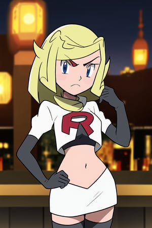 Team Rocket, cropped jacket, white jacket, crop top, jacket, gloves, black gloves, elbow gloves, navel, midriff, white skirt, miniskirt, skirt, thighhighs,, looking at viewer, china, asiática, city, night, sky, (intricately detailed, hyperdetailed), blurry background,depth of field, best quality, masterpiece, intricate details, tonemapping, sharp focus, hyper detailed, trending on Artstation,1 girl, high res, official art,hands on hips,glaring angrily,toon zelda
