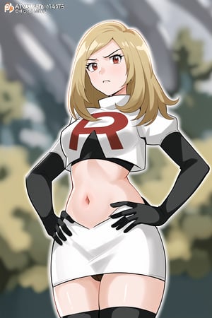 Team Rocket, cropped jacket, white jacket, crop top, jacket, gloves, black gloves, elbow gloves, navel, midriff, white skirt, miniskirt, skirt, black thighhighs, looking down at viewer,(intricately detailed, hyperdetailed), blurry background,depth of field, best quality, masterpiece, intricate details, tonemapping, sharp focus, hyper detailed, trending on Artstation,1 girl, high res, official art,hands on hips,glaring angrily,black panties,anime style,mathilda