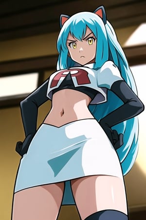 Team Rocket, cropped jacket, white jacket, crop top, jacket, gloves, black gloves, elbow gloves, navel, midriff, white skirt, miniskirt, skirt, black thighhighs, looking down at viewer,(intricately detailed, hyperdetailed), blurry background,depth of field, best quality, masterpiece, intricate details, tonemapping, sharp focus, hyper detailed, trending on Artstation,1 girl, high res, official art,hands on hips,glaring angrily,Tio Plato,yellow_eyes,long_hair,aqua_hair,fake_animal_ears 