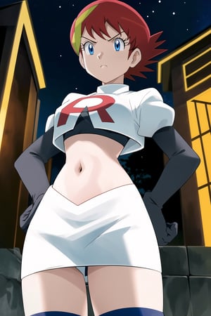 Team Rocket, cropped jacket, white jacket, crop top, jacket, gloves, black gloves, elbow gloves, navel, midriff, white skirt, miniskirt, skirt, black thighhighs,looking down at viewer, china, asiática, city, night, sky, (intricately detailed, hyperdetailed), blurry background,depth of field, best quality, masterpiece, intricate details, tonemapping, sharp focus, hyper detailed, trending on Artstation,1 girl, high res, official art,glaring angrily,hands on hips,sxfrances