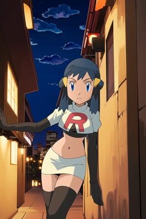 (best quality), (highly detailed), masterpiece, (official art), Team Rocket, cropped jacket, white jacket, crop top, jacket, gloves, black gloves, elbow gloves, navel, midriff, white skirt, miniskirt, skirt, thighhighs,, looking at viewer, china, asiática, city, night, sky, (intricately detailed, hyperdetailed), blurry background,depth of field, best quality, masterpiece, intricate details, tonemapping, sharp focus, hyper detailed, trending on Artstation,1 girl, high res, official art,dawn 