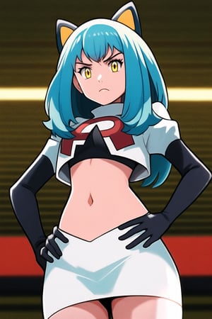 Team Rocket, cropped jacket, white jacket, crop top, jacket, gloves, black gloves, elbow gloves, navel, midriff, white skirt, miniskirt, skirt, black thighhighs, looking down at viewer,(intricately detailed, hyperdetailed), blurry background,depth of field, best quality, masterpiece, intricate details, tonemapping, sharp focus, hyper detailed, trending on Artstation,1 girl, high res, official art,hands on hips,glaring angrily,Tio Plato,yellow_eyes,long_hair,aqua_hair,fake_animal_ears 