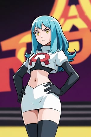 Team Rocket, cropped jacket, white jacket, crop top, jacket, gloves, black gloves, elbow gloves, navel, midriff, white skirt, miniskirt, skirt, black thighhighs, looking down at viewer,(intricately detailed, hyperdetailed), blurry background,depth of field, best quality, masterpiece, intricate details, tonemapping, sharp focus, hyper detailed, trending on Artstation,1 girl, high res, official art,hands on hips,glaring angrily,Tio Plato,yellow_eyes,long_hair,aqua_hair