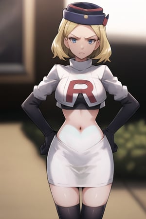 Team Rocket, cropped jacket, white jacket, crop top, jacket, gloves, black gloves, elbow gloves, navel, midriff, white skirt, miniskirt, skirt, black thighhighs, looking down at viewer,(intricately detailed, hyperdetailed), blurry background,depth of field, best quality, masterpiece, intricate details, tonemapping, sharp focus, hyper detailed, trending on Artstation,1 girl, high res, official art,hands on hips,glaring angrily,Theresia Caroline,short hair,blonde hair,blue eyes,garrison_cap