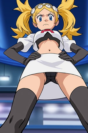 Team Rocket, cropped jacket, white jacket, crop top, jacket, gloves, black gloves, elbow gloves, navel, midriff, white skirt, miniskirt, skirt, black thighhighs,zettai ryouiki,looking down at viewer,(intricately detailed, hyperdetailed), blurry background,depth of field, best quality, masterpiece, intricate details, tonemapping, sharp focus, hyper detailed, trending on Artstation,1 girl, high res, official art,hands on hips,glaring angrily,spread legs,black panties,POKEMONSTYLE,POKEMON \(ANIME\),POKEMON \(CLASSIC ANIME\,POKEMON \(CLASSIC ANIME\),source_anime, anime screencap,viewed_from_below,defLissa, blonde hair, twintails, headdress,