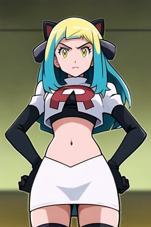 Team Rocket, cropped jacket, white jacket, crop top, jacket, gloves, black gloves, elbow gloves, navel, midriff, white skirt, miniskirt, skirt, black thighhighs, looking down at viewer,(intricately detailed, hyperdetailed), blurry background,depth of field, best quality, masterpiece, intricate details, tonemapping, sharp focus, hyper detailed, trending on Artstation,1 girl, high res, official art,hands on hips,glaring angrily,Tio Plato,yellow_eyes,long_hair,aqua_hair,fake_animal_ears 