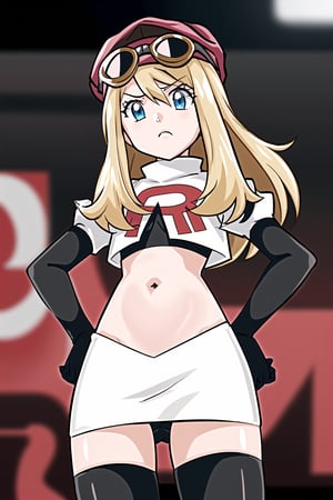 Team Rocket, cropped jacket, white jacket, crop top, jacket, gloves, black gloves, elbow gloves, navel, midriff, white skirt, miniskirt, skirt, black thighhighs, looking down at viewer,(intricately detailed, hyperdetailed), blurry background,depth of field, best quality, masterpiece, intricate details, tonemapping, sharp focus, hyper detailed, trending on Artstation,1 girl, high res, official art,hands on hips,glaring angrily,black panties,anime style,Tita Russell, blue eyes, blonde hair, long hair, small breasts, flat chest, petite, red hat, headwear, goggles on headwear,