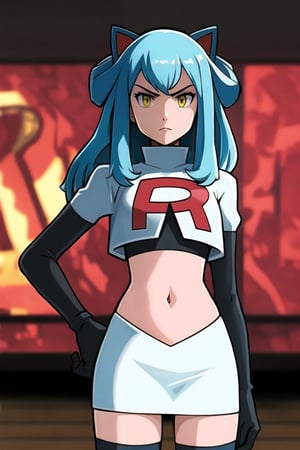 Team Rocket, cropped jacket, white jacket, crop top, jacket, gloves, black gloves, elbow gloves, navel, midriff, white skirt, miniskirt, skirt, black thighhighs, looking down at viewer,(intricately detailed, hyperdetailed), blurry background,depth of field, best quality, masterpiece, intricate details, tonemapping, sharp focus, hyper detailed, trending on Artstation,1 girl, high res, official art,hands on hips,glaring angrily,Tio Plato,yellow_eyes,long_hair,aqua_hair,fake_animal_ears 