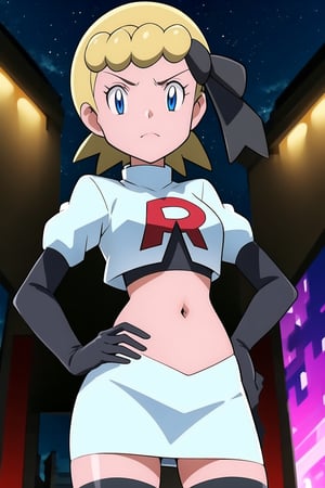 Team Rocket, cropped jacket, white jacket, crop top, jacket, gloves, black gloves, elbow gloves, navel, midriff, white skirt, miniskirt, skirt, black thighhighs,looking down at viewer, china, asiática, city, night, sky, (intricately detailed, hyperdetailed), blurry background,depth of field, best quality, masterpiece, intricate details, tonemapping, sharp focus, hyper detailed, trending on Artstation,1 girl, high res, official art,glaring angrily,hands on hips,bonnie