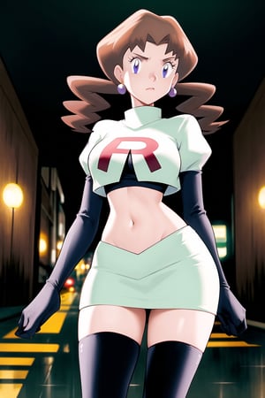 A moody portrait of Jessie, Team Rocket's enigmatic leader, captured in high-resolution detail. She stands confidently, her gaze piercing downward as if daring the viewer to challenge her authority. The cropped jacket and elbow gloves emphasize her tough demeanor, while the white crop top and mini skirt showcase a striking contrast between edgy and alluring. The black thigh-highs add a touch of sophistication, grounding her in reality despite the fantastical surroundings. In the blurred background, a hint of China-inspired cityscape glows with neon lights reflecting off the wet pavement, subtly highlighting Jessie's urban connection. The composition focuses on the subject, showcasing intricate details and tonemapping that create a visually stunning masterpiece, reminiscent of official art trending on Artstation.,Caroline_(pokemon)