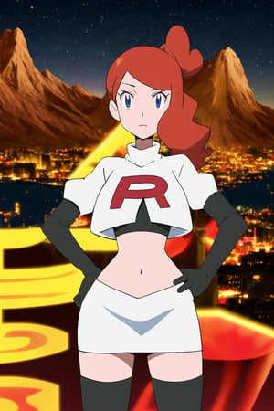 Team Rocket, cropped jacket, white jacket, crop top, jacket, gloves, black gloves, elbow gloves, navel, midriff, white skirt, miniskirt, skirt, thighhighs,looking down at viewer, china, asiática, city, night, sky, (intricately detailed, hyperdetailed), blurry background,depth of field, best quality, masterpiece, intricate details, tonemapping, sharp focus, hyper detailed, trending on Artstation,1 girl, high res, official art,hands on hips,sonia