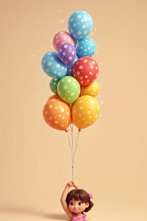 generate 3d rendered image of a cute kid holding in hand 5 colorful ballons. The shape of the ballons should be identical. The main focus of the scene is the ballons stack. The image should be colorful and targeted audience should be toddlers and preschoolers. 