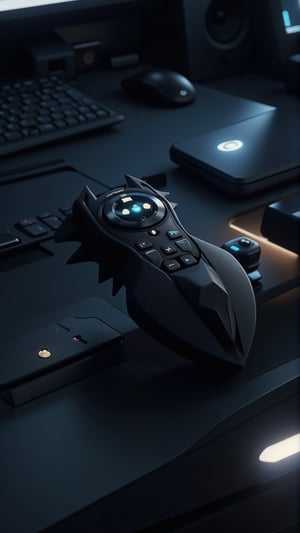 A 3D render of a remote control that embodies the characteristics of Batman. It has a sleek, matte-black finish with sharp, angular edges, resembling Batman's suit. The remote has an ergonomic shape, resembling the Bat symbol, with the iconic pointed bat ears forming the top of the remote. The buttons are subtly integrated into the design, glowing faintly with a soft, bat-signal blue light, and they are arranged in a way that resembles Batman's utility belt. The center button features a miniaturized Bat emblem. The remote is placed in a dimly lit, high-tech environment, with computer screens and gadgets subtly visible in the background. The surface it rests on is metallic, with reflections that amplify the remote's dark and mysterious appearance. Shadows play around it, creating an air of stealth and mystery, instantly recognizable as inspired by the legendary Batman.