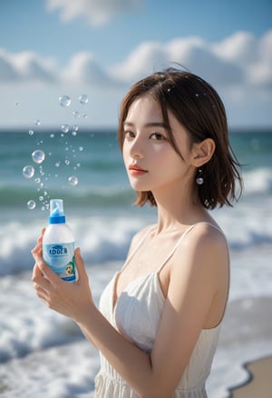 Beach,Bokeh,blur,Blur background,blur Foreground,depth of field,Motion blur,clouds,sky,outdoors,sky,snow,ocean,water. 1girl, holding a bottle of white shampoo on soft,spray foam,clean foam surrounded by bubbles,the scene exudes elegance and high-definition photography,presenting a visual appeal,nodf_lora
