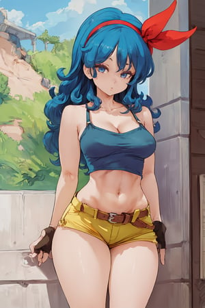 ((Masterpiece)), (((Launch))), ((room background)), ((lunchdb-bad, 1girl, blue hair, medium breasts, looking at viewer, ((thick thighs)), (blush), cleavage, shorts, fingerless gloves, navel, midriff, belt, brown gloves, green crop top, hairband, shirt, long hair, yellow shorts, blue eyes, bare shoulders, curly hair,)), ((looking at viewer)),