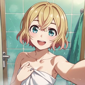 score_9, score_8_up, score_7_up, score_6_up,mami nanami,short hair,aqua eyes, blonde hair,hair between eyes, towel, bathroom, ((selfie)), smile, open mouth,