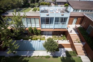 Classic Style building on a lake, ((pale (blue glass wall)), (brown cladding roof )), (golden features at balcony ),(blue sky trees at landscape), (2 korean girls walking at outdoor)