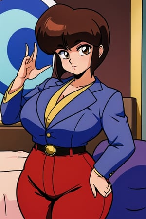  tendounabiki, blue business suit, violet pants, white tie, red belt with gold ring in the middle, fluffy brown hair, brown eyes, thicc big hips, curvy_hips, both hands over hips, bedroom, masterpiece, best quality, detailed face, detailed eyes, highres,TendouNabiki