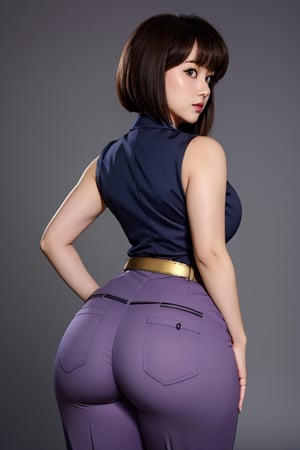 TendouNabiki, grey blue business suit, violet pants, pink tie, red belt with gold ring in the middle, short fluffy brown hair, brown eyes, thicc big hips, curvy_hips, big thicc diaper butt, hands on butt, back view, masterpiece, best quality, detailed face, detailed eyes, highres,