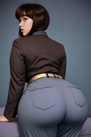 TendouNabiki, grey blue business suit, violet pants, pink tie, red belt with gold ring in the middle, short fluffy brown hair, brown eyes, thicc big hips, curvy_hips, big thicc diaper butt, sitting_on_man_face, back view, masterpiece, best quality, detailed face, detailed eyes, highres,